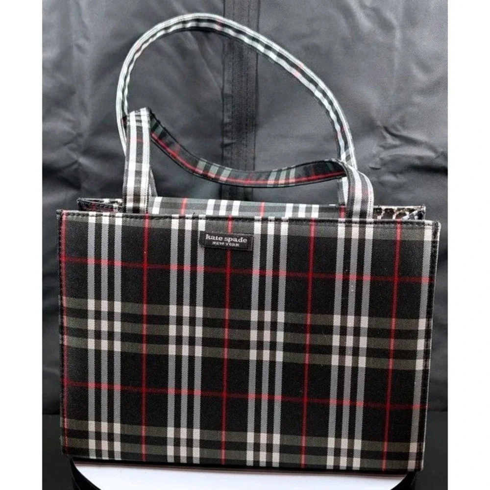 Kate Spade New York Tartan Plaid Tote Bag Shoulder Purse Leopard Lining~Vintage